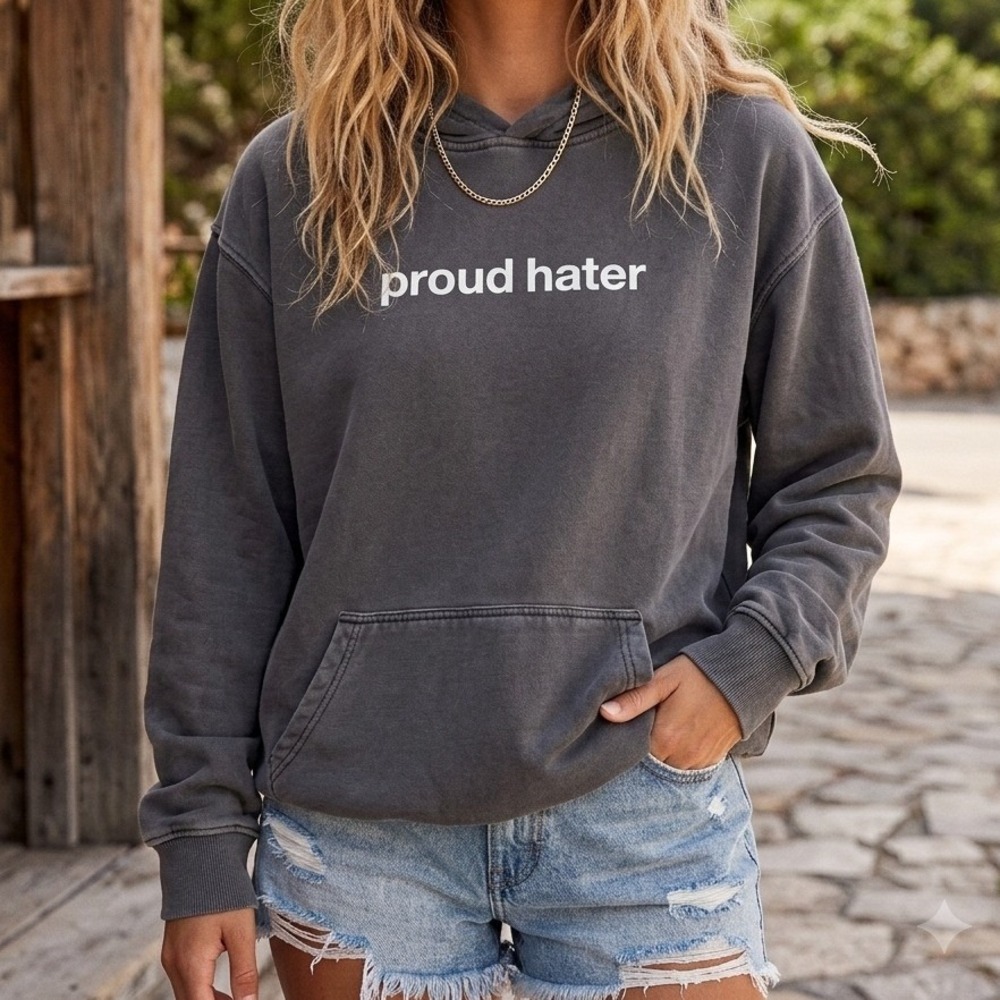 Proud Hater Graphic Hoodie Charcoal Gray, XL Cotton | Streetwear Distressed